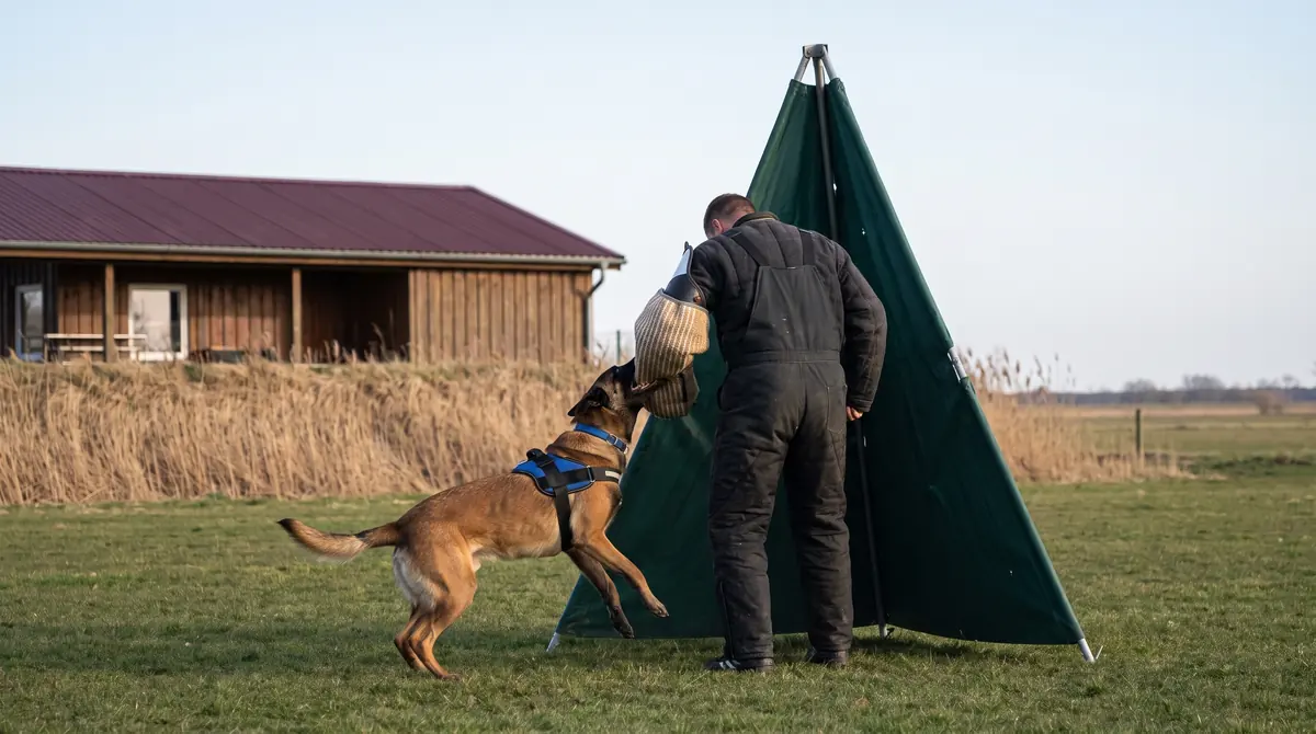 Malinois beißt kontrolliert in den Schutzarm vor einem grünen Zelt