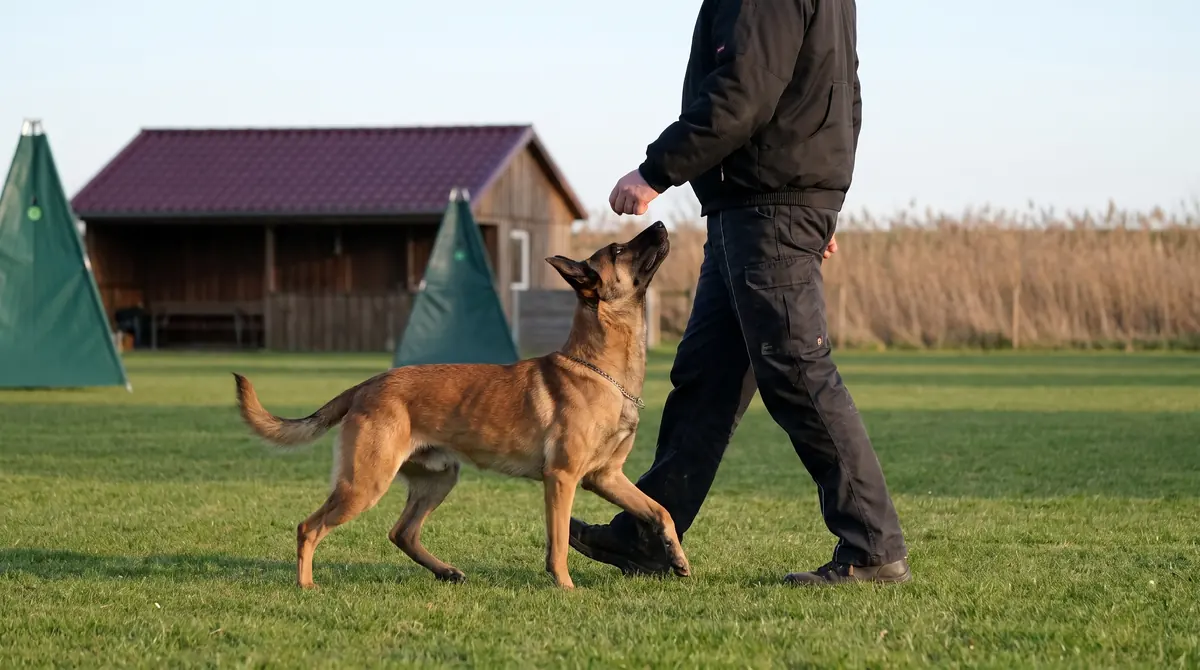 Malinois läuft in Fußposition und schaut zum Hundeführer auf